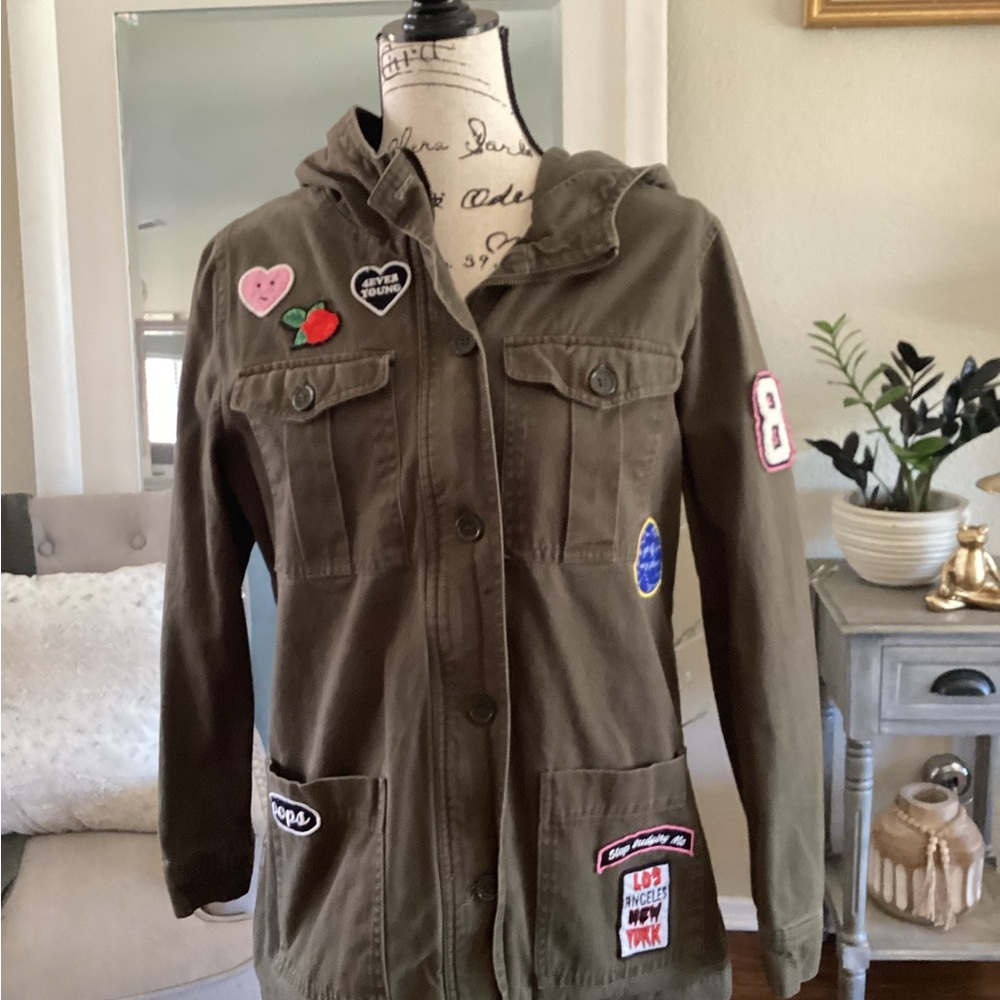 Forever 21 Olive Bomber Jacket with Fun Patches